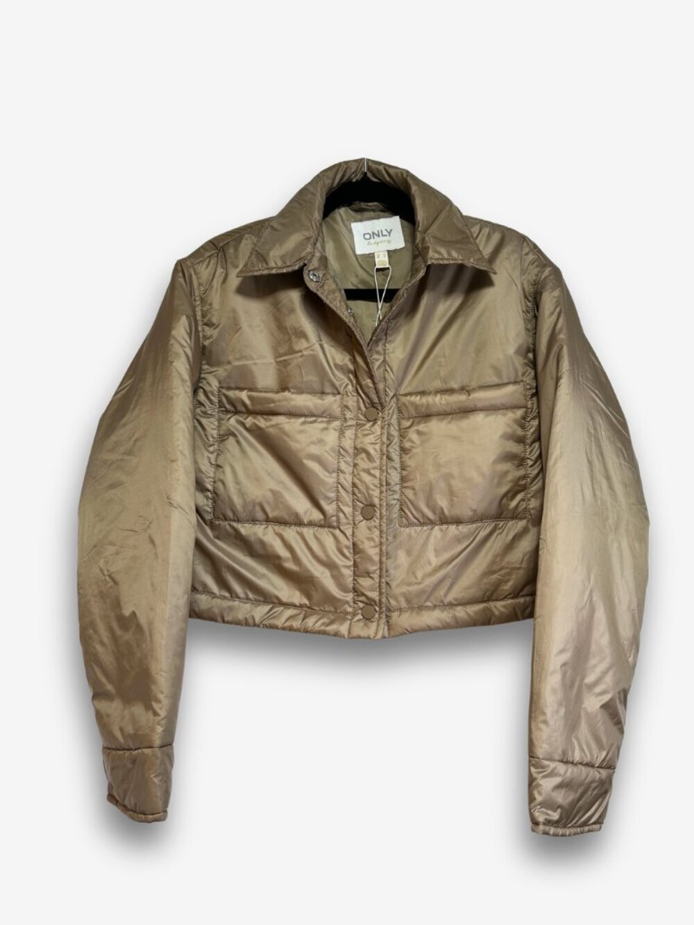 ONLY Cropped Puffer Jacket Tan Shiny Bomber Lightweight Neutral Streetwear